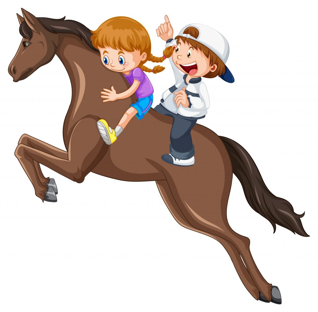 A scene of girl and friend riding on a horse on white background illustration
